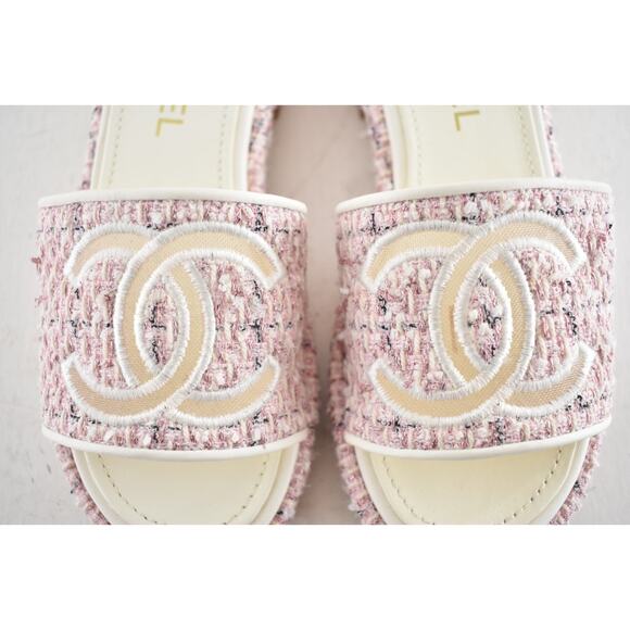 Chanel 20P Pink White Tweed Mesh CC Logo Slide Slip On Sandal Mule Heel Flat 36 - Picture 9 of 15